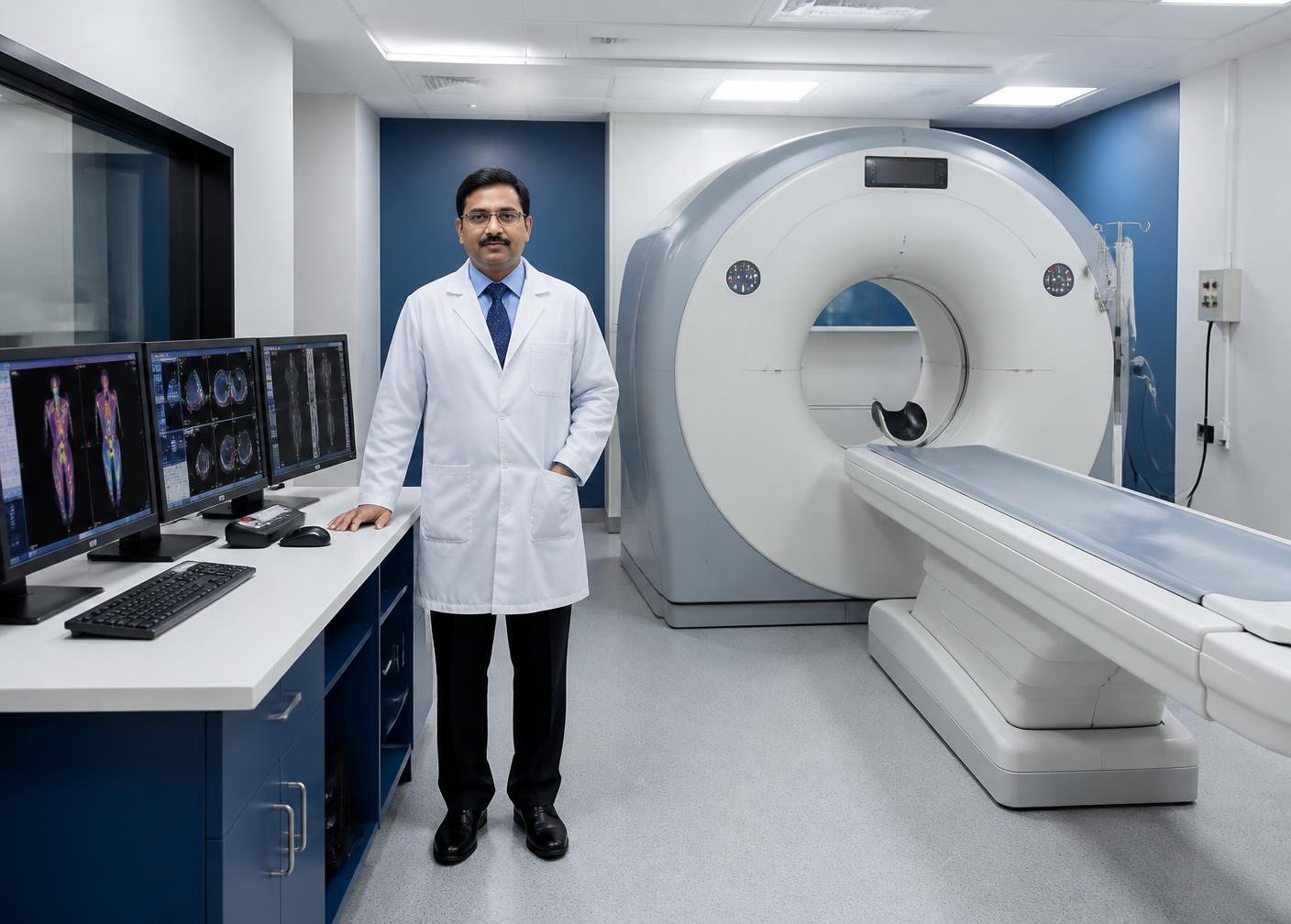 Modern PET-CT suite with nuclear medicine specialist