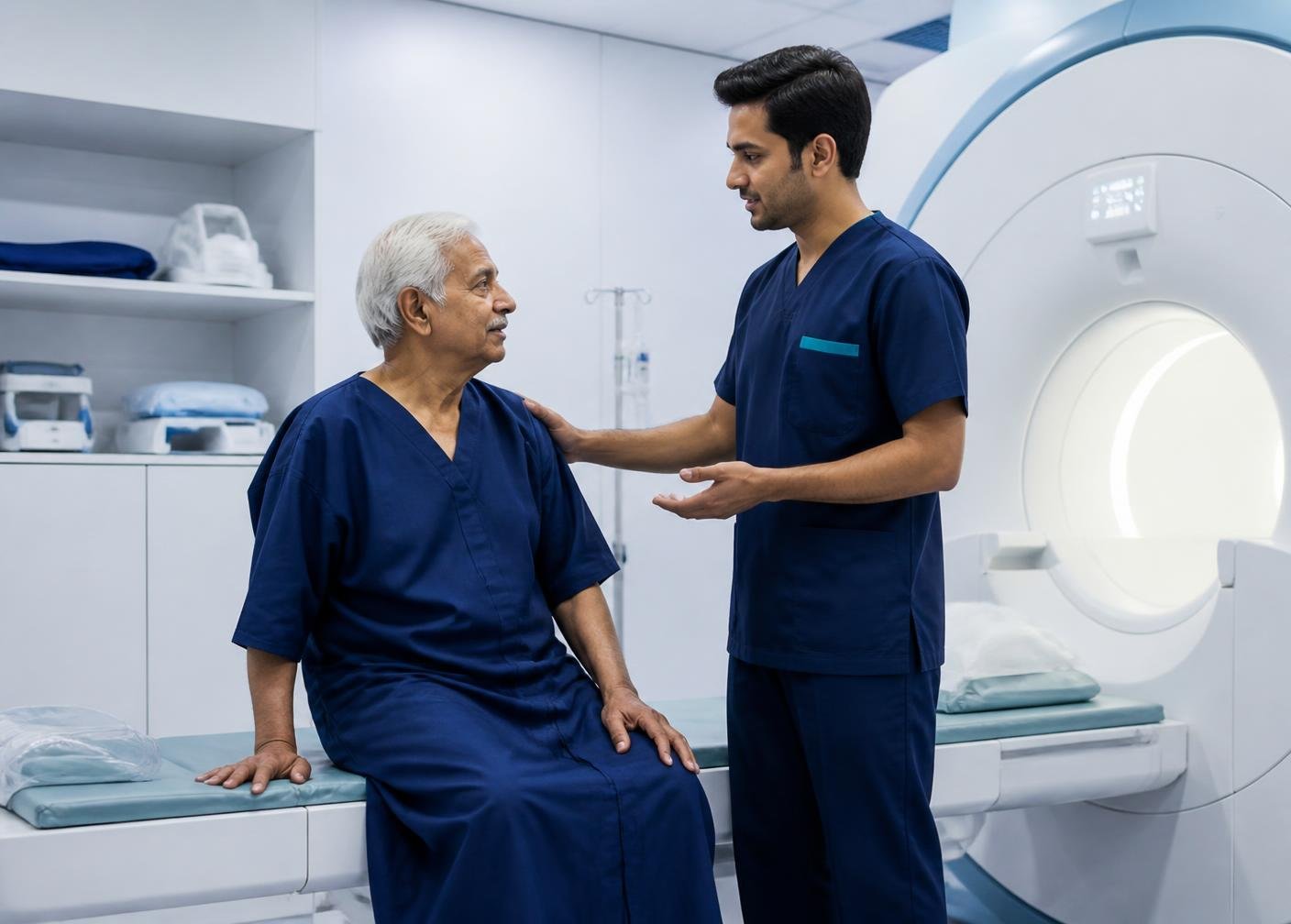 Radiographer supporting an older patient before an MRI