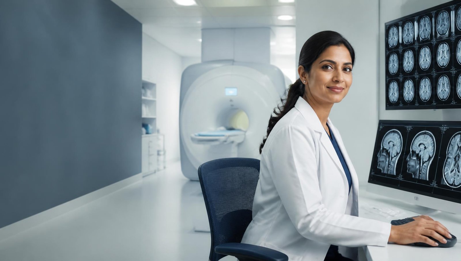 Radiologist reviewing MRI images in a modern imaging suite
